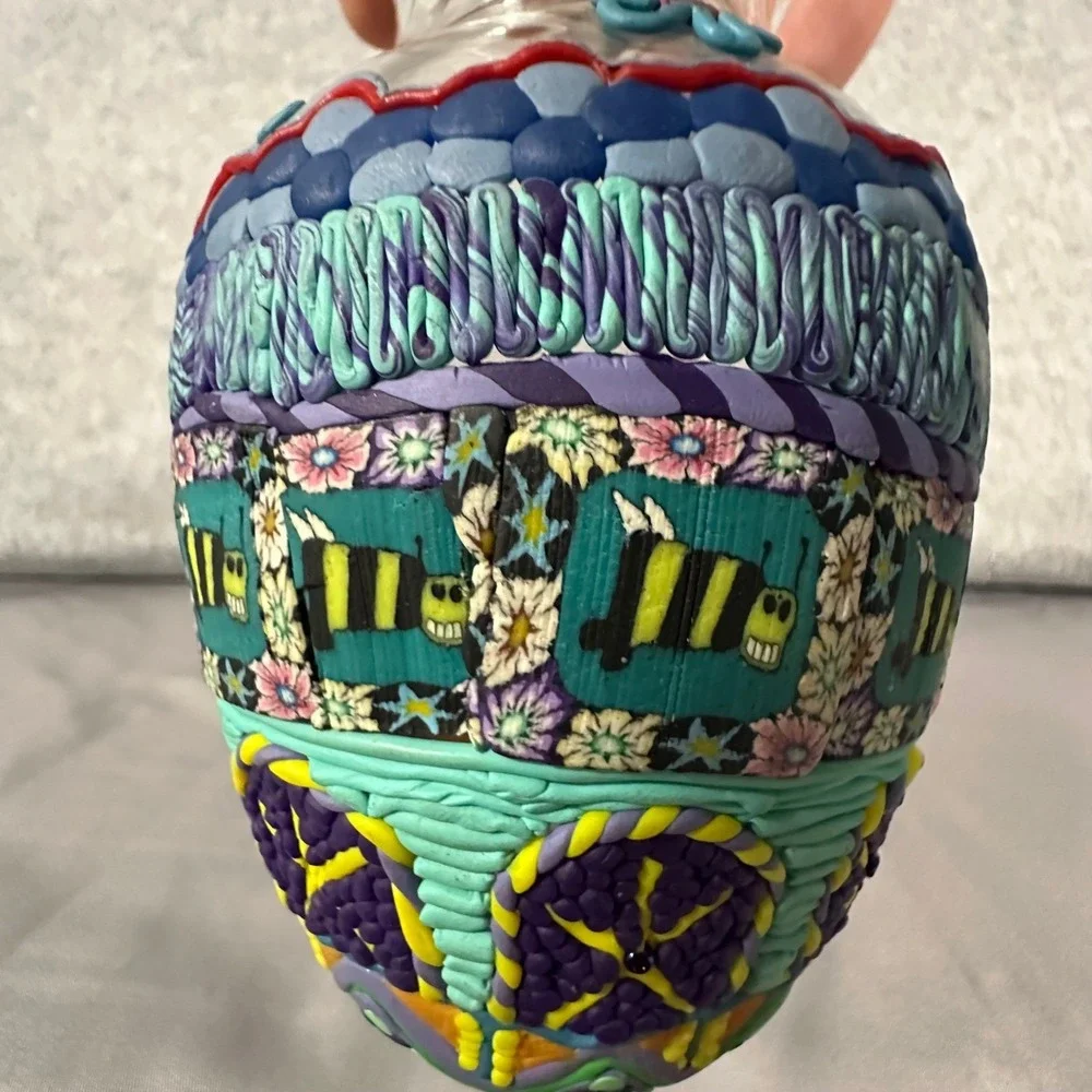 Handmade Polymer Clay Overlay Vase Small Multicolor Floral Bee Art Glass